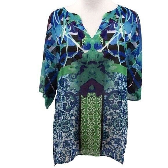 Hale Bob Green Blue‎ Floral Batik Blouse Womens XS Short Sleeve Sheer Top - Picture 1 of 13